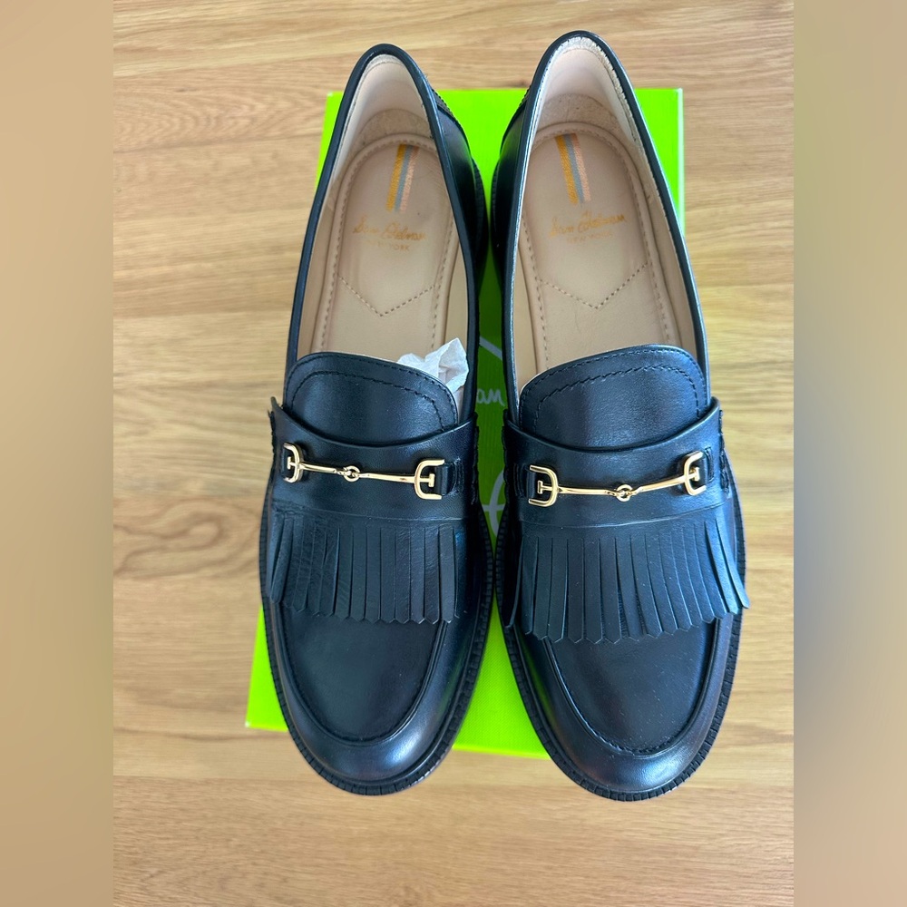 Sam Edelman Black Leather Kiltie Loafers with Gold Horsebit
